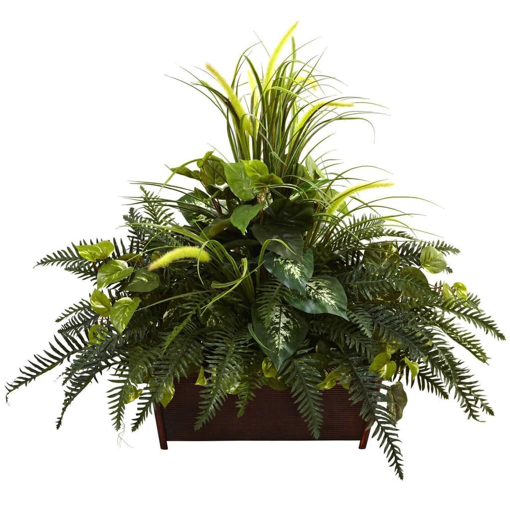 Mixed Grass & River Fern w/Wood Planter | Rental