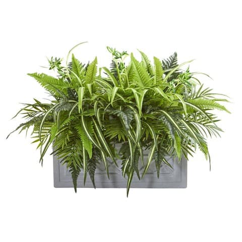 Mixed Greens and Fern Artificial in Stone Planter | Rental