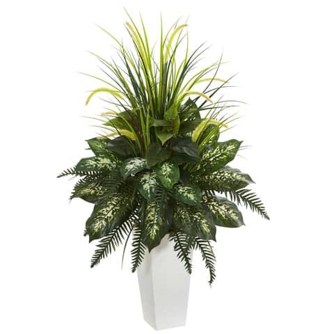 Mixed River Fern and Dogtail Artificial Plant in White Tower Planter | Rental