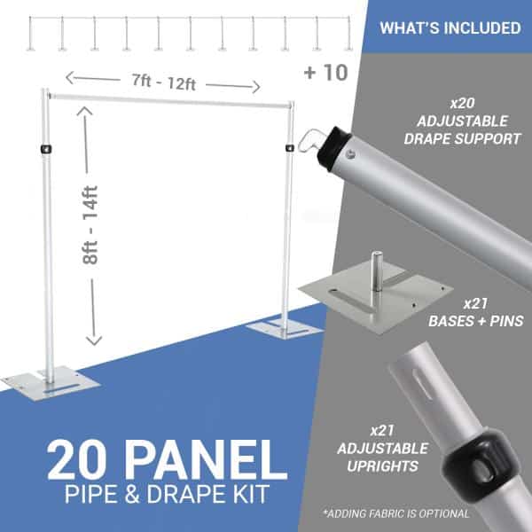 20-Panel Pipe and Drape Kit / Backdrop – 8-14 Feet Tall (Adjustable) | Rental