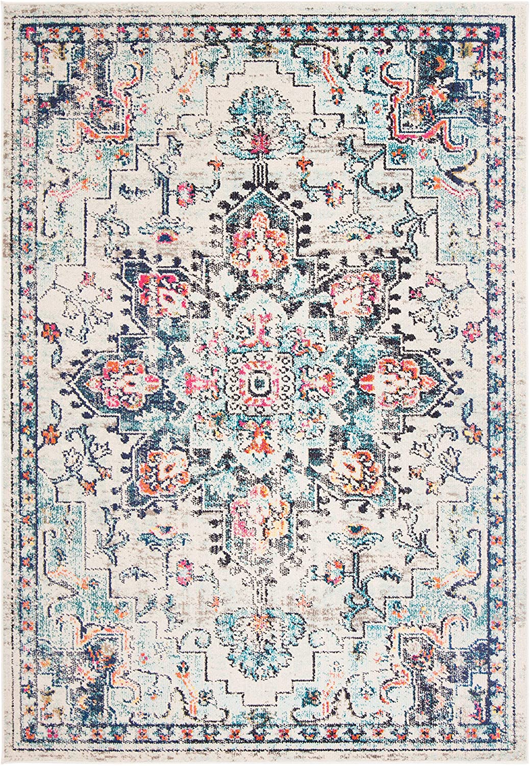 Boho Chic Vintage Distressed Medallion Area Rug | 5′ 3″ x 7′ 6″ | Cream/Blue | Rental