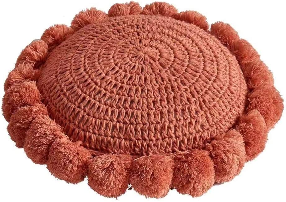 Knitted Throw Pillow Round Couch Pillow Sofa Cute Cushion Handmade Pompoms Decorative Plush Pillow – Orange | Rental
