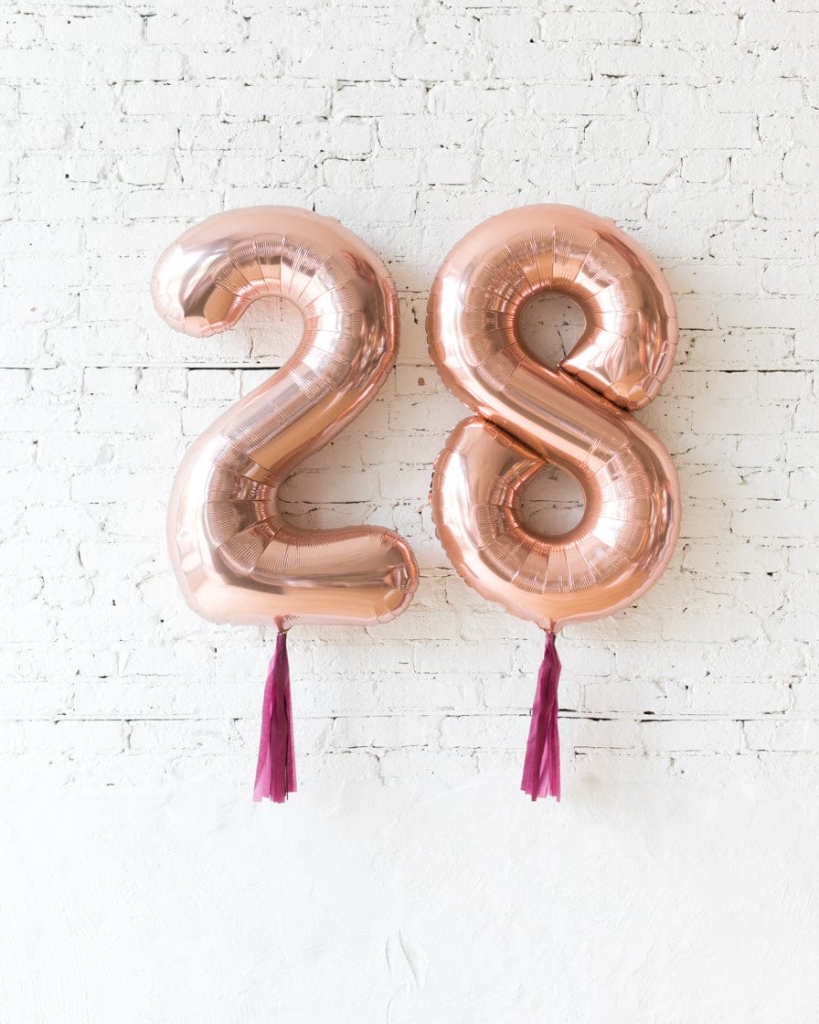 34in Rose Gold Foil Numbers with Burgundy Skirts | Purchase 34in Rose Gold Foil Numbers with Burgundy Skirts | Purchase