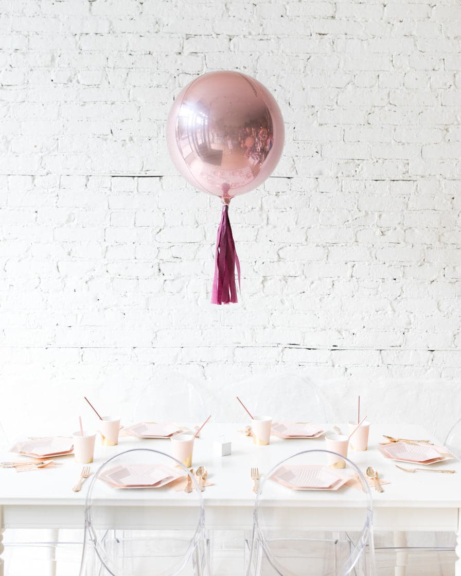 16in Rose Gold Orb Foil Balloon with Burgundy Skirt Centerpiece | Purchase