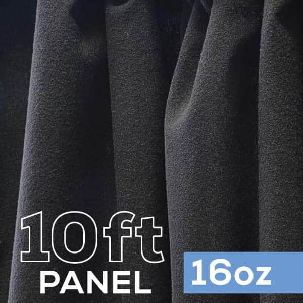 16oz. Fire Retardant Duvetyne/Commando Cloth – Sewn Drape Panel w/ 4″ Rod Pockets – 10ft in Black | Rental
