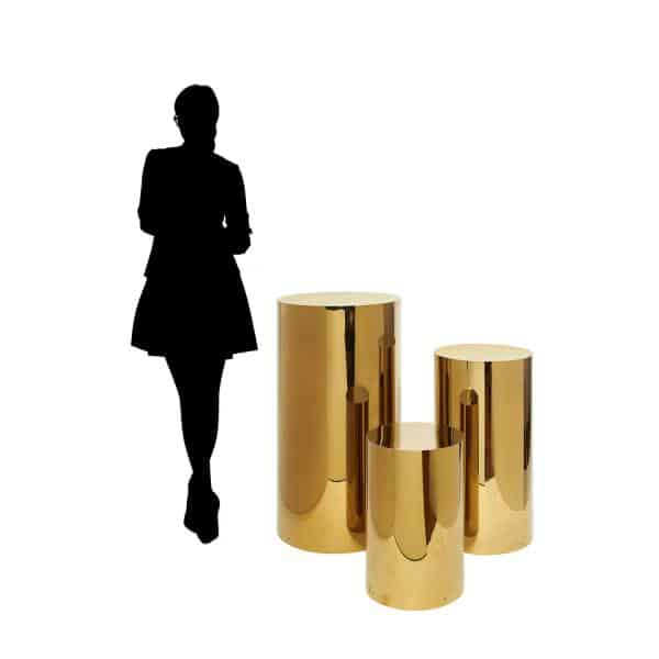 3 Piece Set of Metal Cylinder Pedestals Display – Gold | Rental