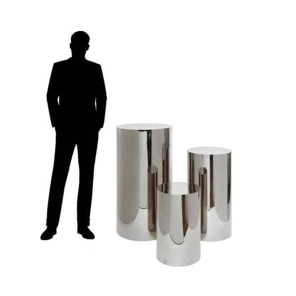 3 Piece Set of Metal Cylinder Pedestals Display – Silver | Rental