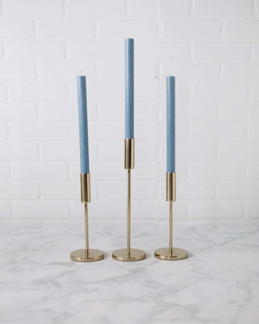 Blue Pompadour – Candles with Gold Candlesticks (set of 3) | Purchase