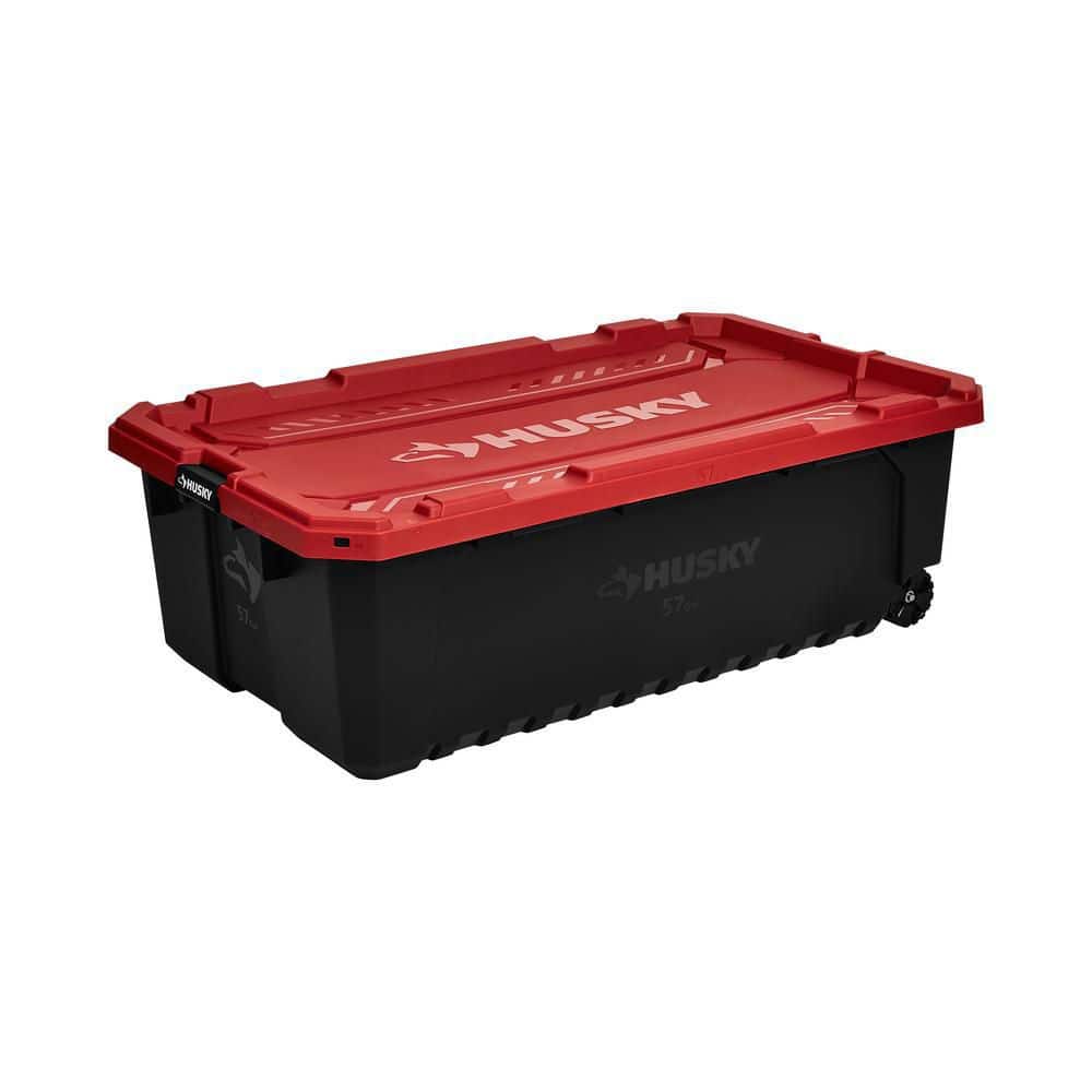 Husky — 57 Gal. Pro Grip Storage Tote with Wheels in Black with Red Lid | Rental