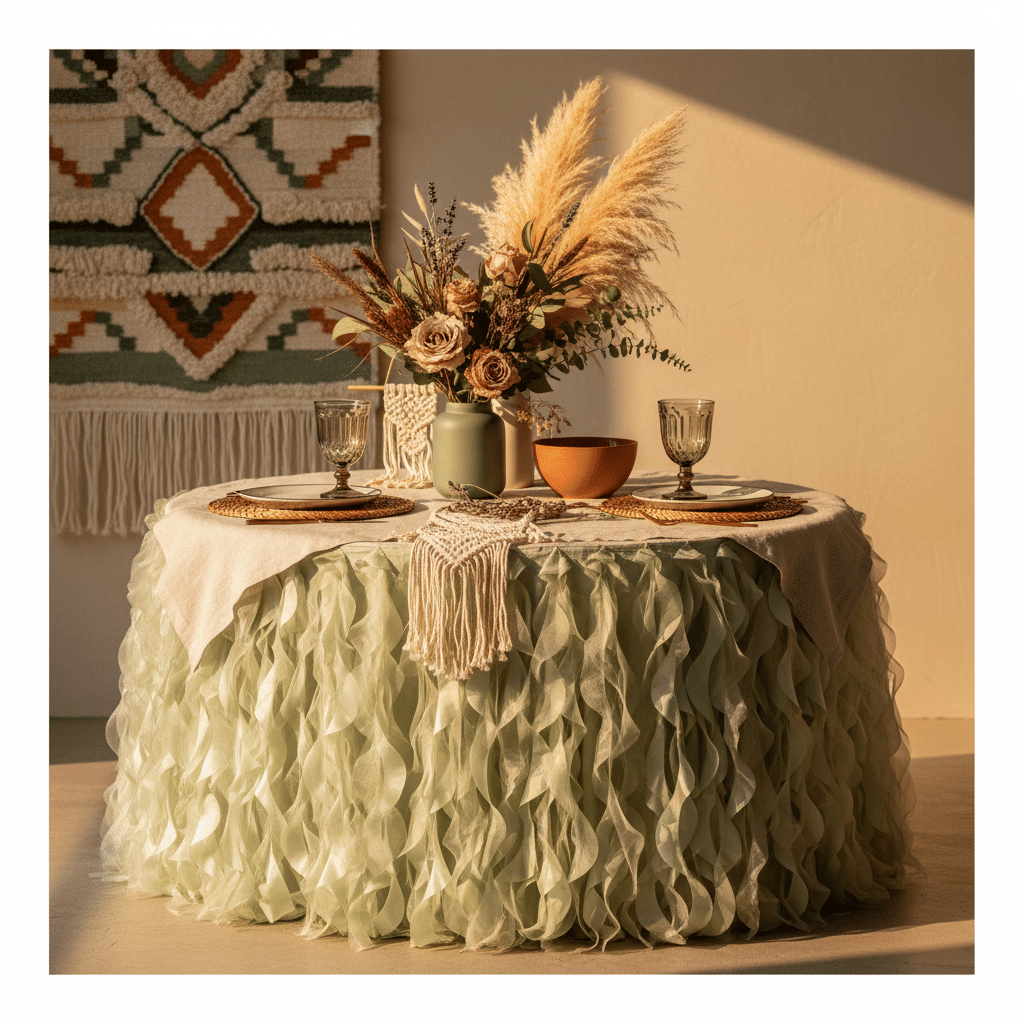 Curly Willow 17ft Table Skirt – Sage Green | Rental