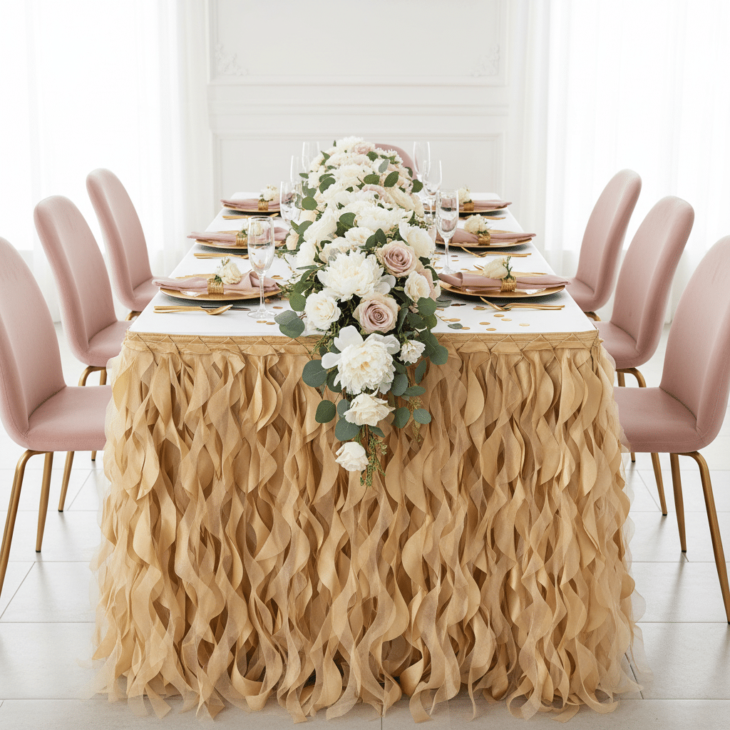 Curly Willow 21ft Table Skirt – Gold | Rental