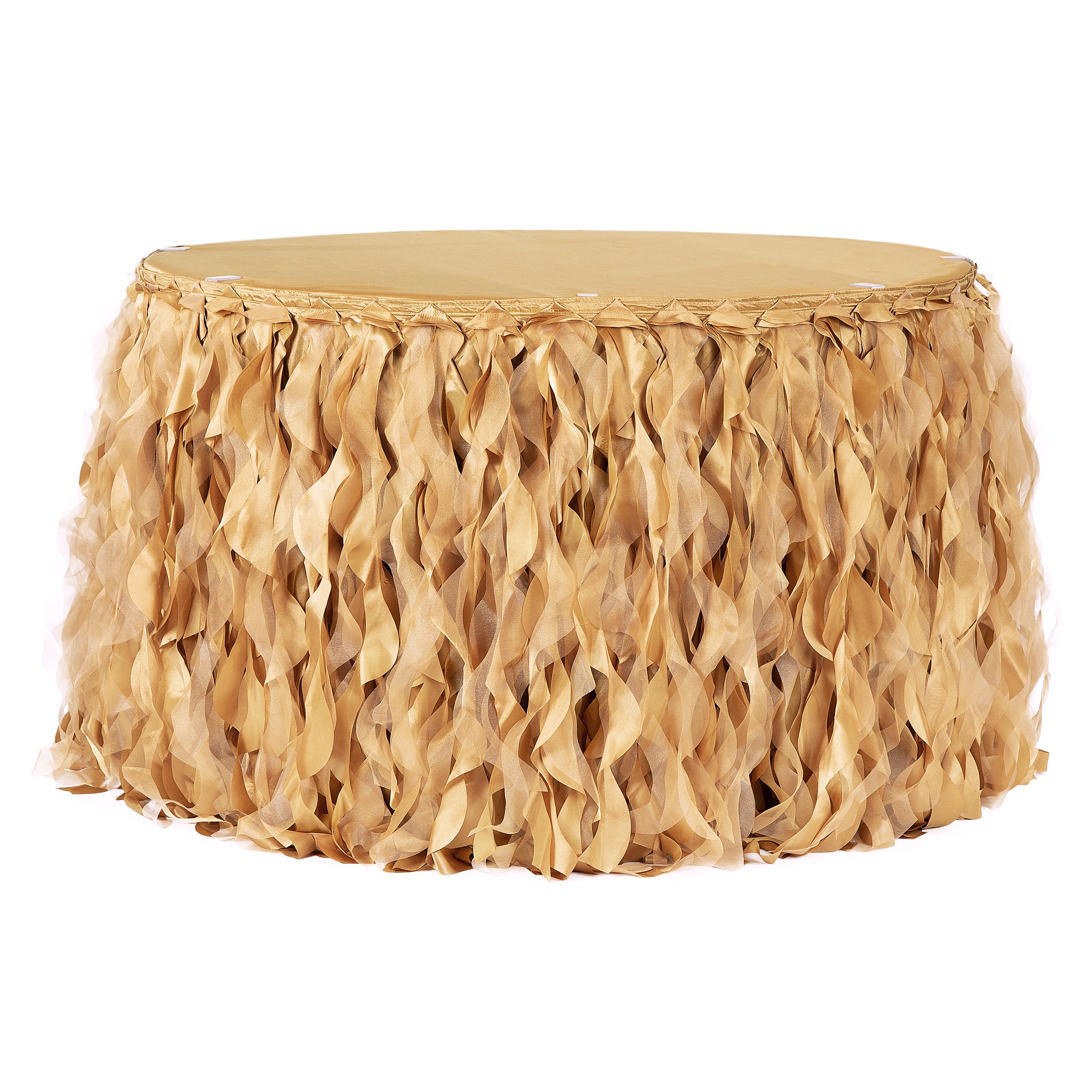 Curly Willow 17ft Table Skirt – Gold | Rental