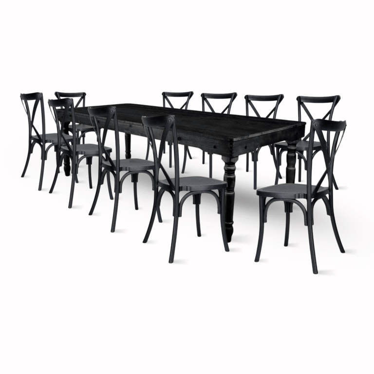Black Fluted Leg Farm Table Dining Set with 10 Chairs | Rental