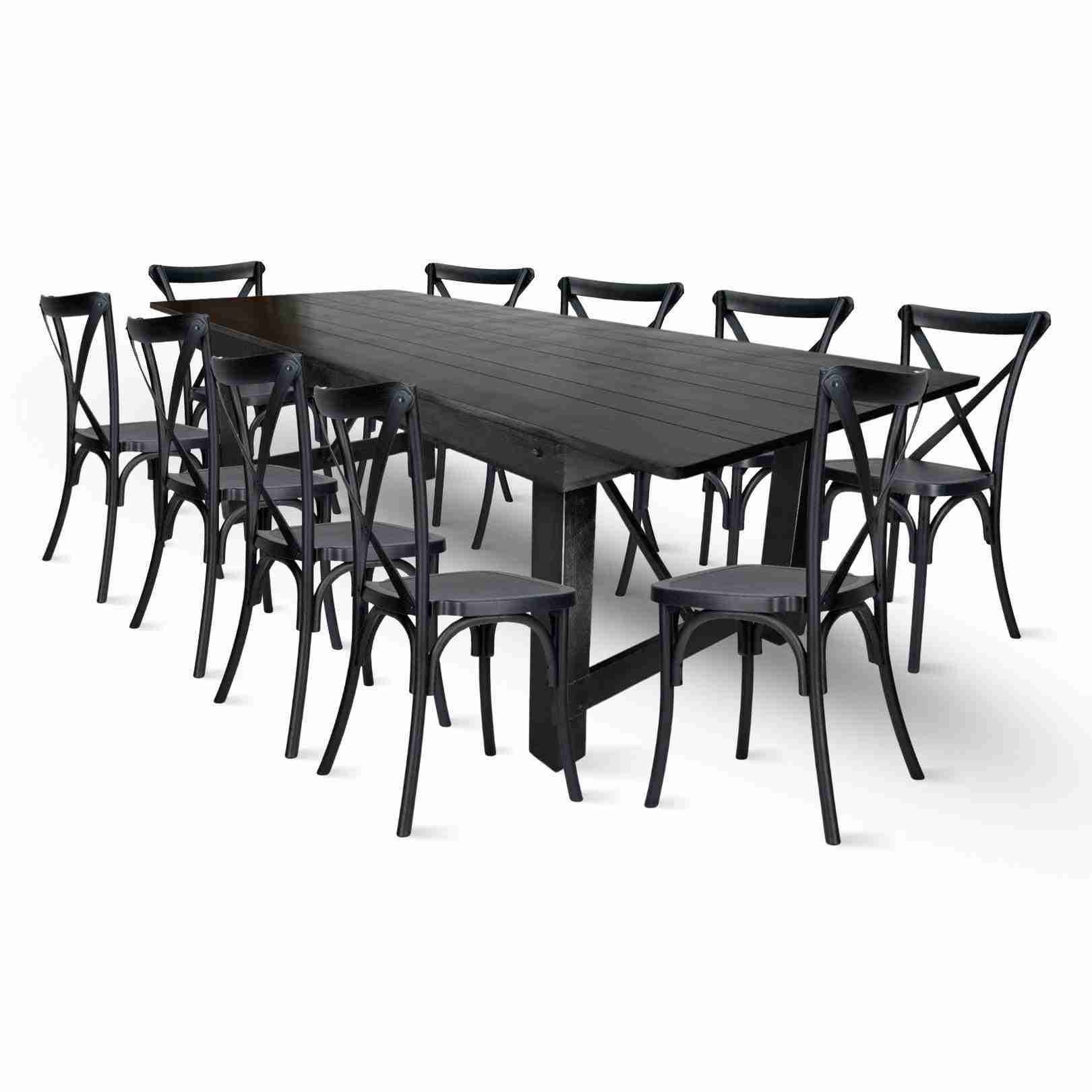 black straight leg farm table dining set with 10 chairs
