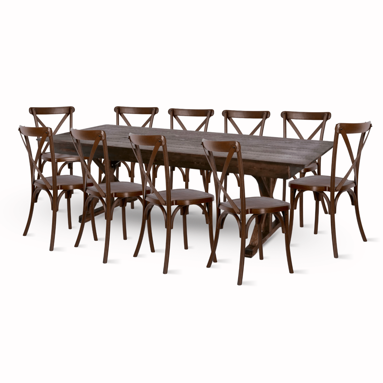 fruitwood x leg farm table dining set with 10 chairs 2