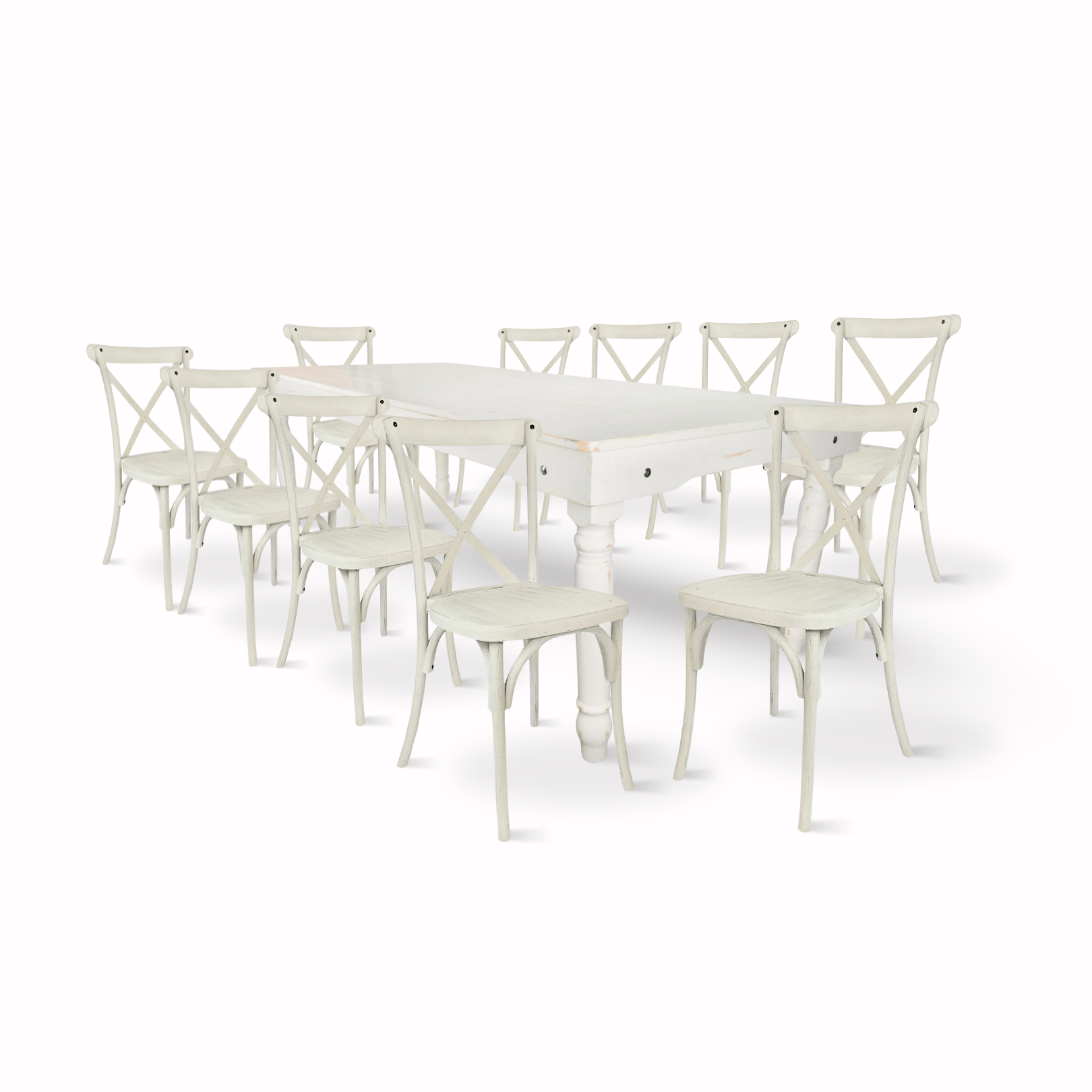 white distressed fluted leg farm table dining set with 10 chairs 2