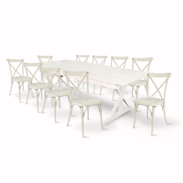 White Distressed X-Leg Farm Table Dining Set with 10 Chairs | Rental