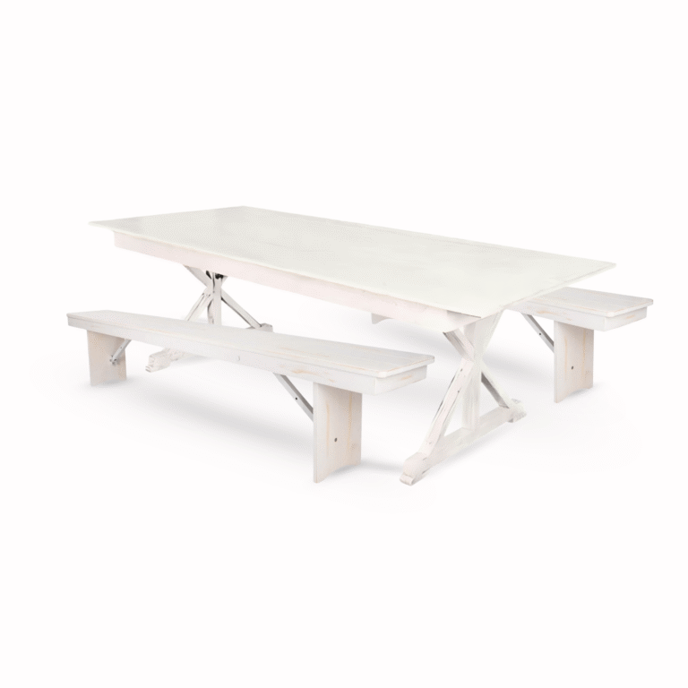White Distressed X-Leg Farm Table Dining Set with 2 Benches | Rental