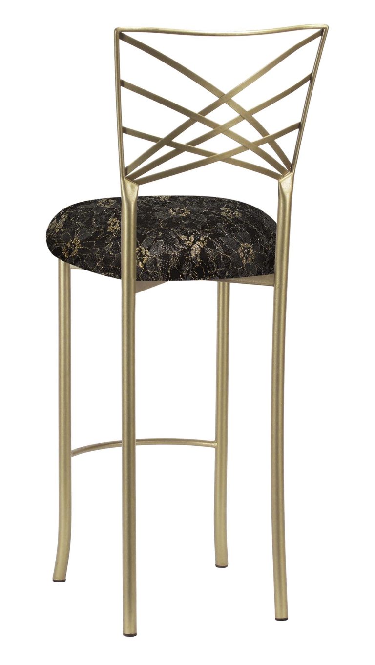 Gold Fanfare Barstool with Black Lace with Gold and Silver Accents over Black Stretch Knit Cushion – Chameleon Chair Collection | Rental
